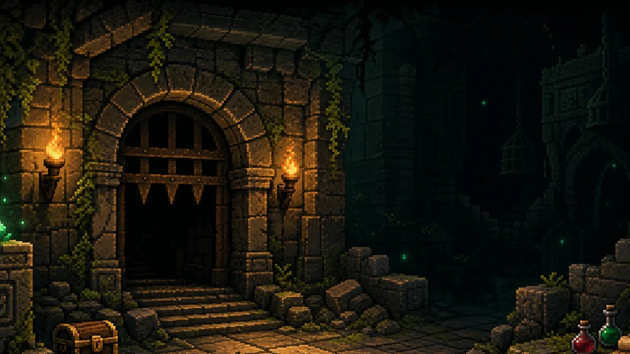 Pixel art dungeon hub with glowing portals to different abstract roguelike rooms
