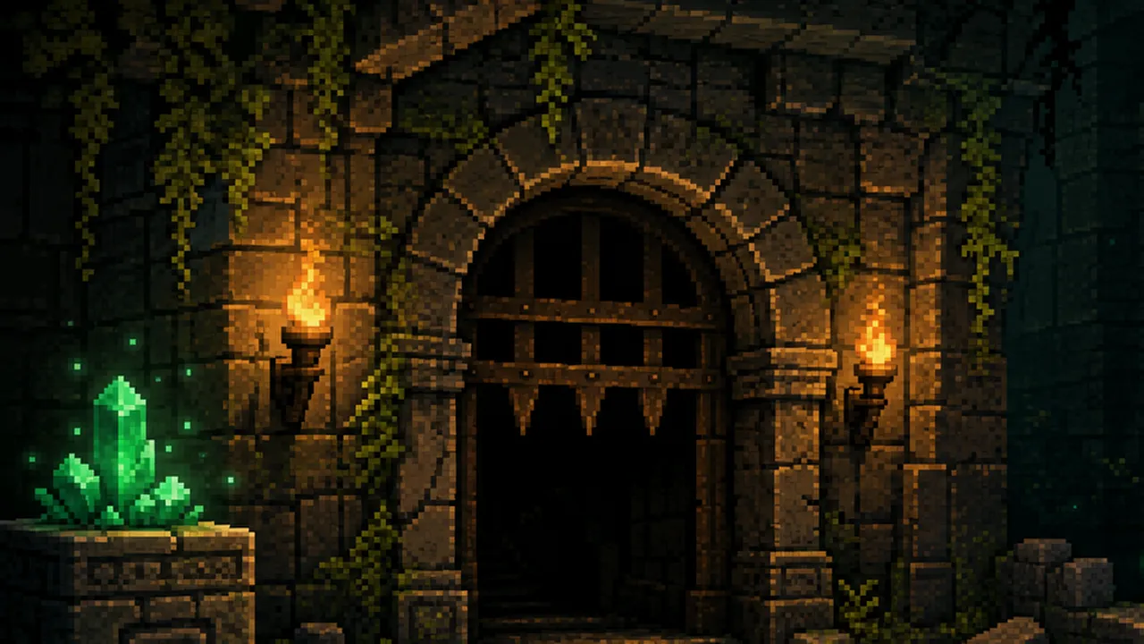 Pixel art dungeon room with a glowing browser portal, map table, potions and keys