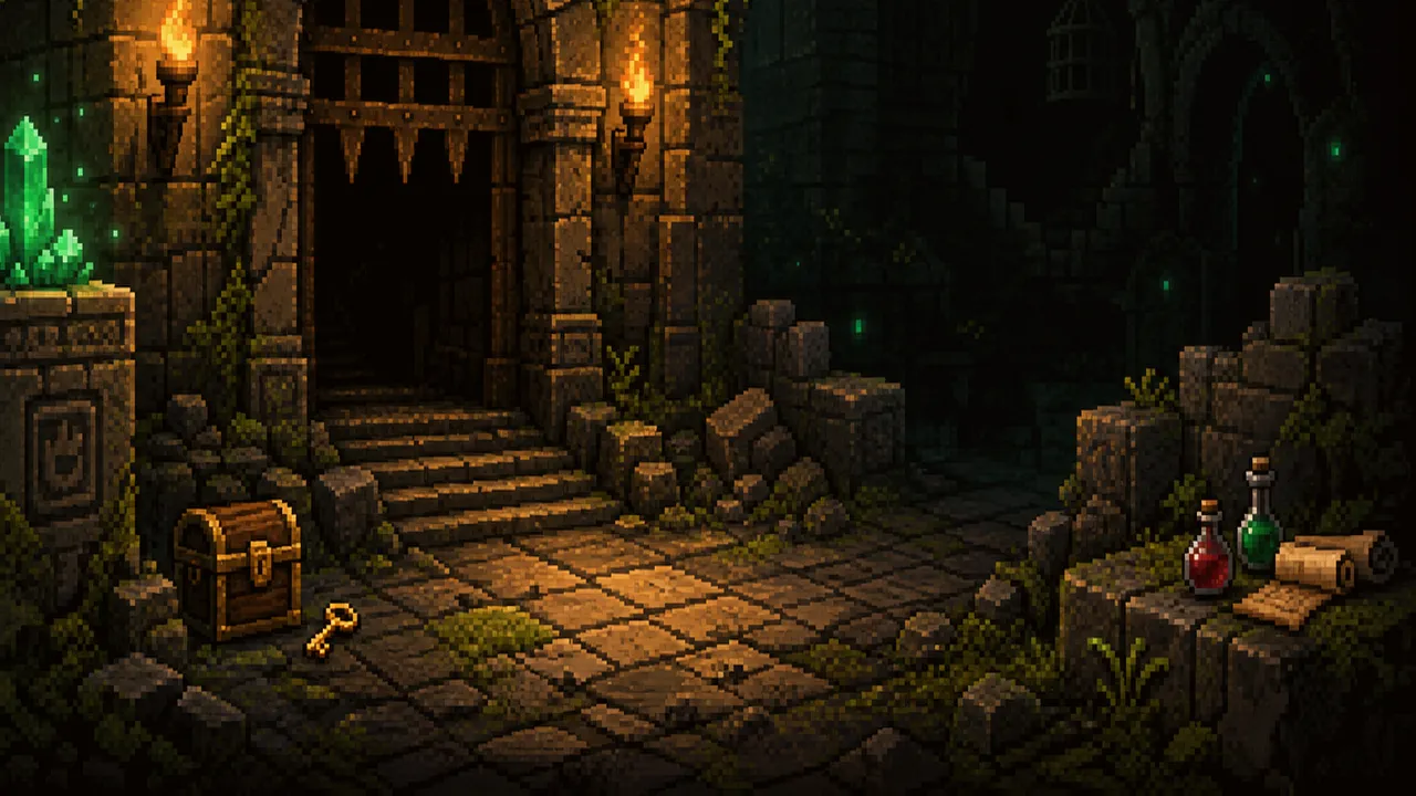 Pixel art training room with glowing floor grid, keyboard relic and dungeon doorway