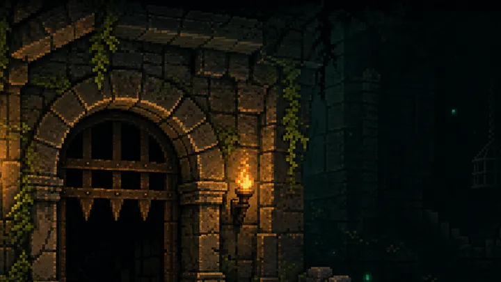 Refined pixel art dungeon doorway fading into deeper rooms
